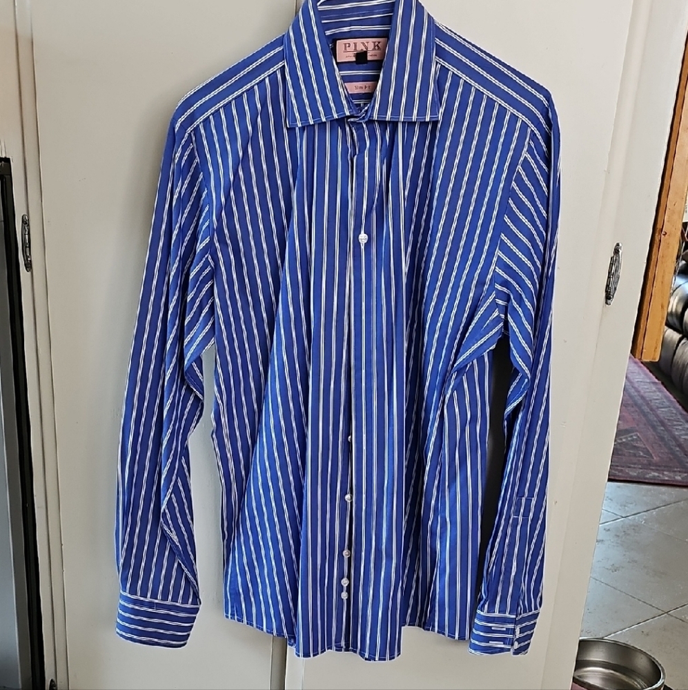 PINK Blue & White Striped Slim Fit Dress Shirt